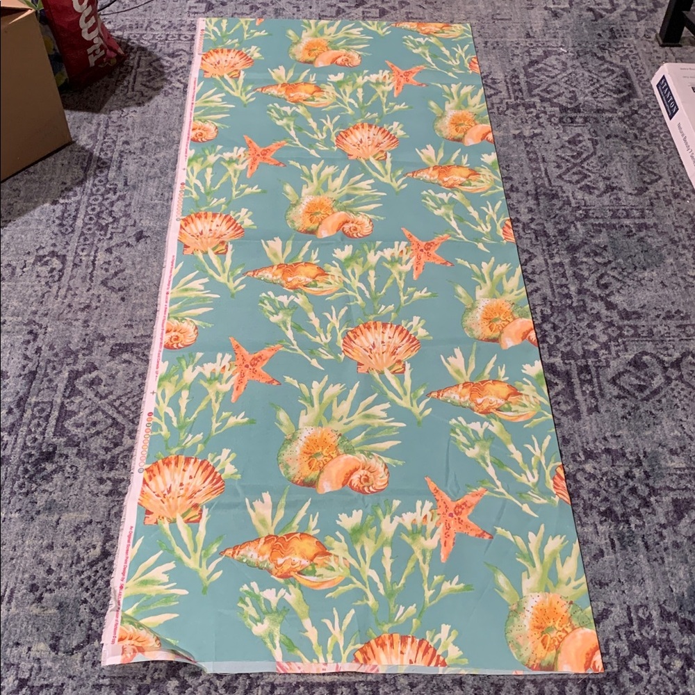 2 yards upholstery heavy woven coral seashell w sea green background 56”wide new